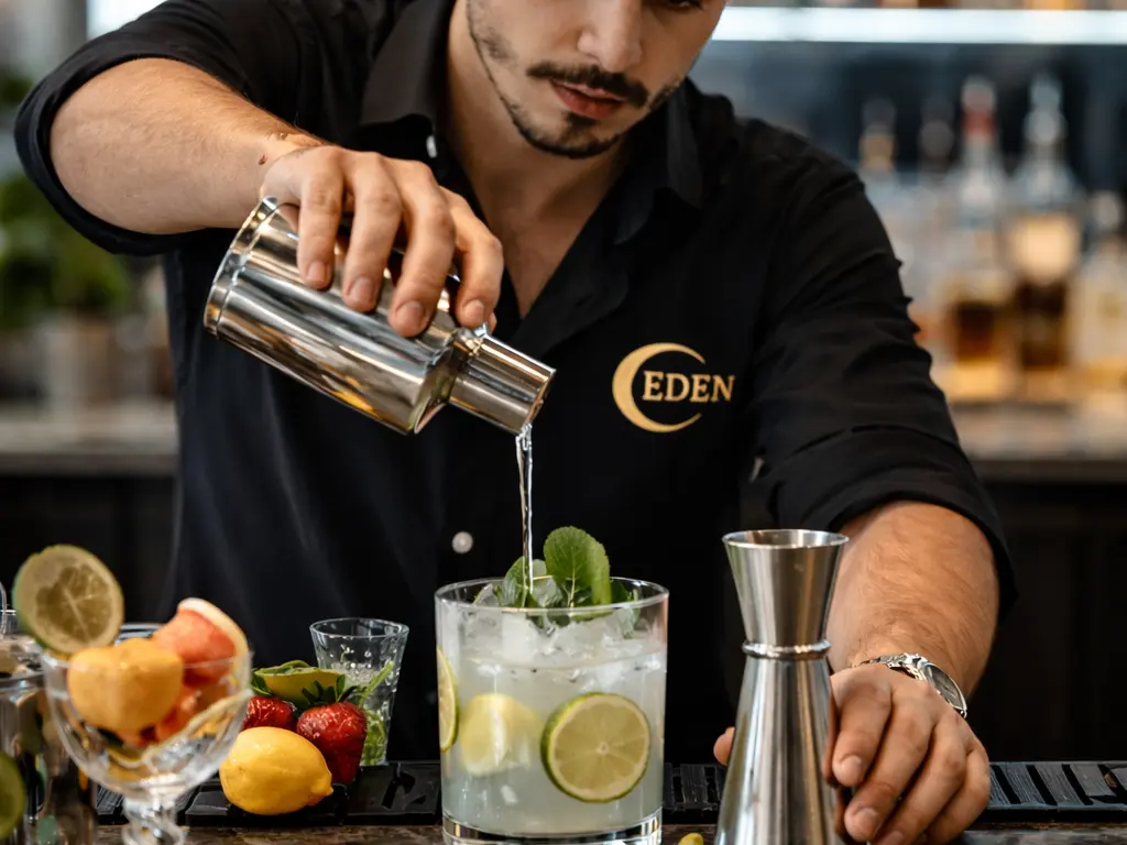 Barkeeper mixt einen Cocktail an der Bar der Eden Lounge in Dresden